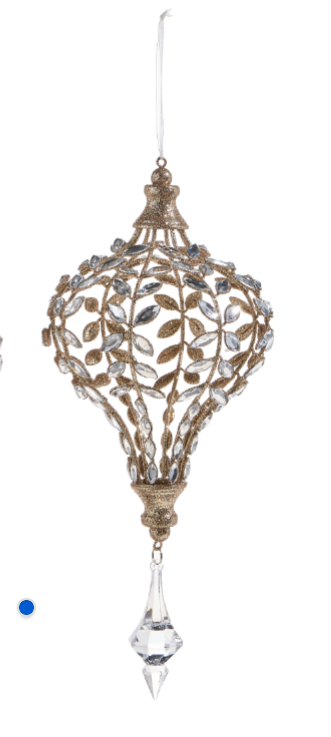 14" Jeweled Drop Ornament with Champagne Glitter- Set of 2 Assorted