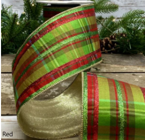 4" Holiday Green-Red Plaid Glitter Stripe Faux Dupion Ribbon- 5 Yards