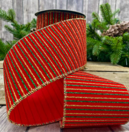 4" Red Velvet Green-Gold Thin Stripes Ribbon- 10 Yards