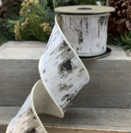 4" Grey-White Faux Bois Birch Bark Ribbon- 10 Yards