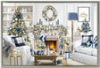 A festive holiday living room scene with a decorated Christmas tree, fireplace mantel, wreath, plaid throw pillows, wrapped gifts, and blue-and-white decor. The image appears to be a framed artwork or print rather than a real photographed room, with the depicted scene itself being the product.