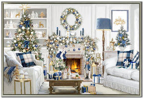 A festive holiday living room scene with a decorated Christmas tree, fireplace mantel, wreath, plaid throw pillows, wrapped gifts, and blue-and-white decor. The image appears to be a framed artwork or print rather than a real photographed room, with the depicted scene itself being the product.