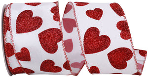 1.5" White& Red Glitter Hearts Taffeta Wired Edge Ribbon | 20 Yards