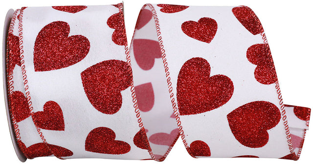 1.5" White& Red Glitter Hearts Taffeta Wired Edge Ribbon | 20 Yards