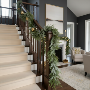 A festive holiday staircase decorated with a green pine garland draped over a dark wood banister, accented with small gold ornaments and warm string lights in a modern home interior.