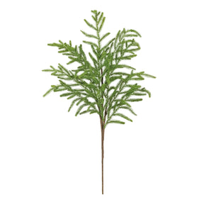 An artificial green norfolk pine tree branch with a brown stem, isolated on a white background.