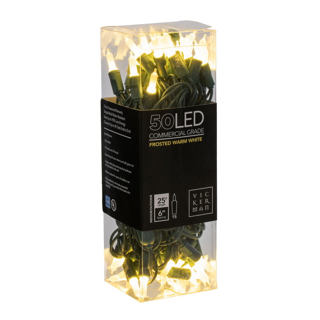 50-Light Frosted LED Warm White/Green Wire Italian Light Set, 6" Spacing