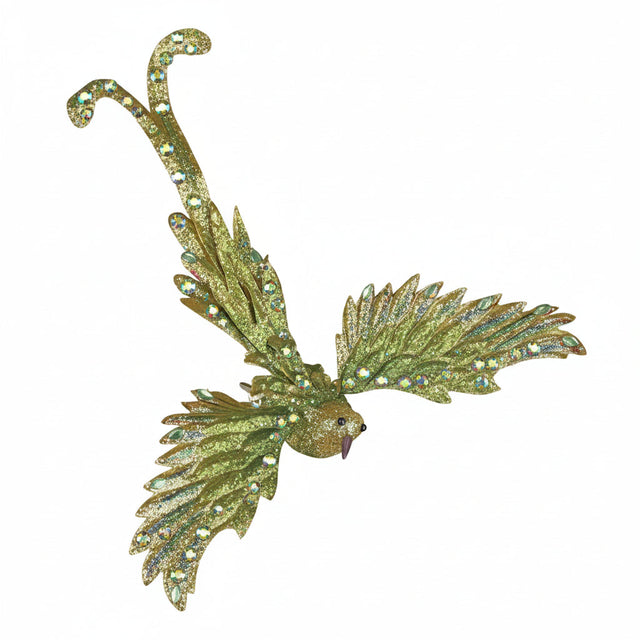 13" Glitter Bird with Clip, Green/Gold