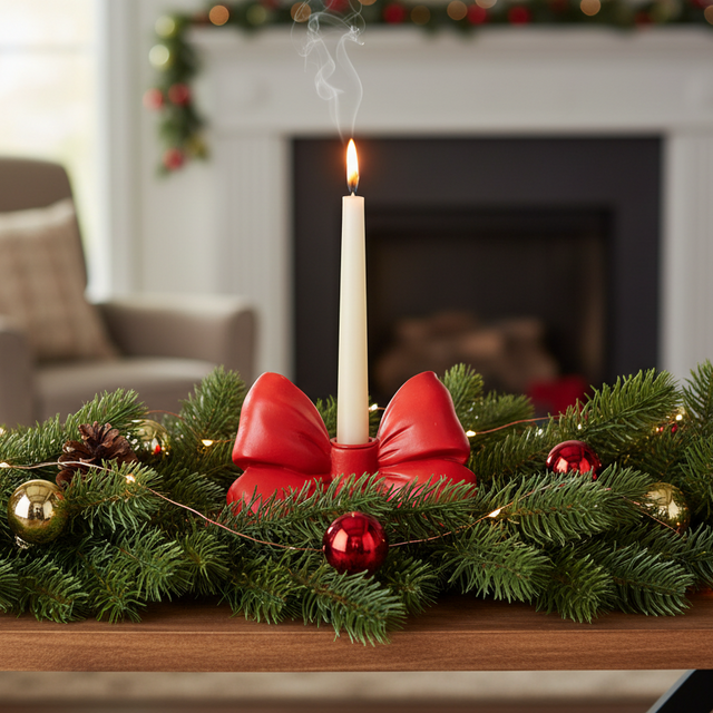 A festive Christmas garland on a wooden table, featuring green pine branches, pinecones, red and gold ornaments, a large red bow, and a single lit white candle in a fireplace holder, with a blurred living room and fireplace in the background.
