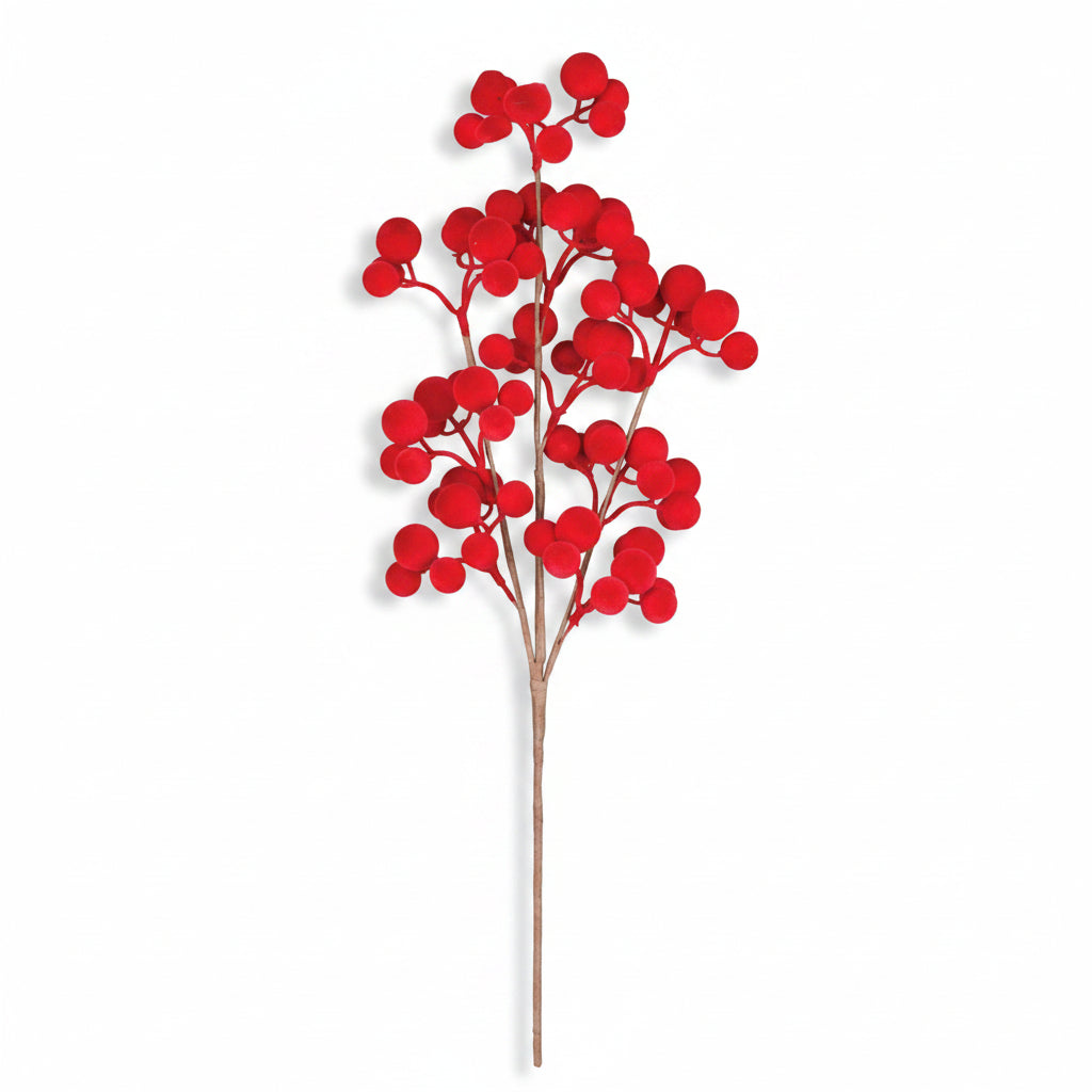 A single artificial floral stem featuring bright red berry-like round clusters on a light brown twig-style branch, isolated on a white background.