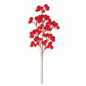 A single artificial floral stem featuring bright red berry-like round clusters on a light brown twig-style branch, isolated on a white background.