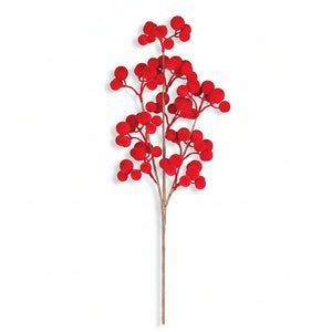 A single artificial floral stem featuring bright red berry-like round clusters on a light brown twig-style branch, isolated on a white background.