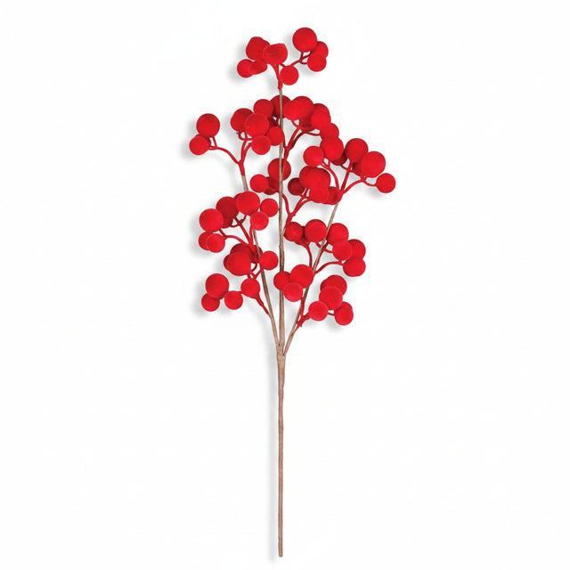 A single artificial floral stem featuring bright red berry-like round clusters on a light brown twig-style branch, isolated on a white background.