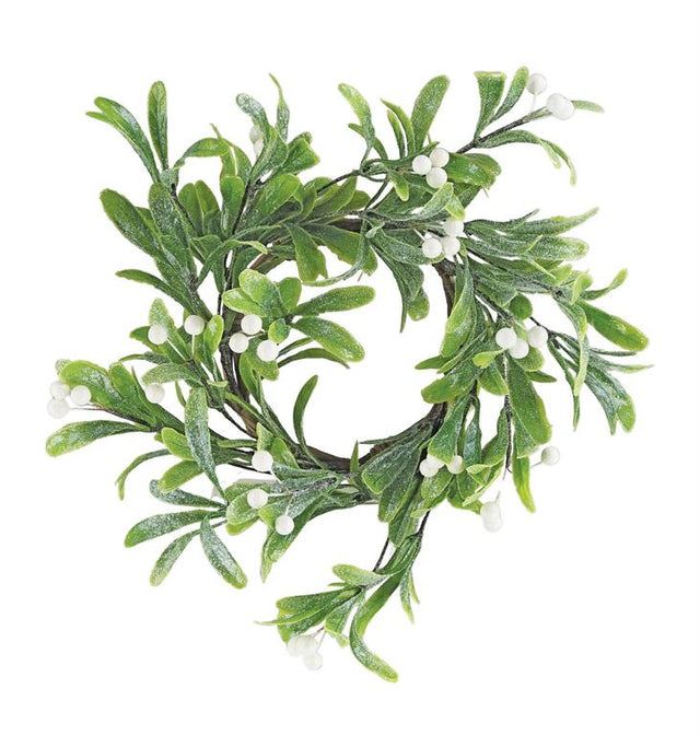11" Frosted Mistletoe with White Berry Table Wreath | Candle Ring