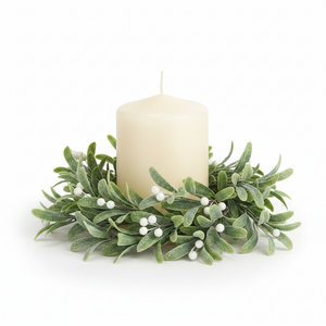 11" Frosted Mistletoe with White Berry Table Wreath | Candle Ring
