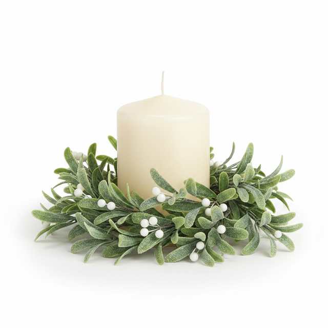 11" Frosted Mistletoe with White Berry Table Wreath | Candle Ring