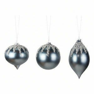5–8"H Glass Ball, Onion Finial Ornaments | Matte Smoke Blue