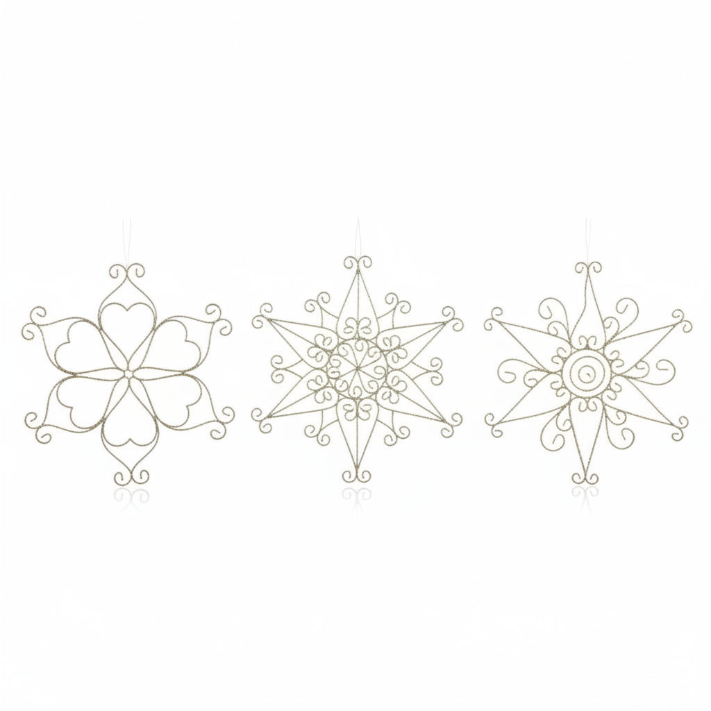 Three ornate metal wire hanging ornaments shaped like snowflakes, shown on a plain white background.