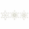 Three ornate metal wire hanging ornaments shaped like snowflakes, shown on a plain white background.