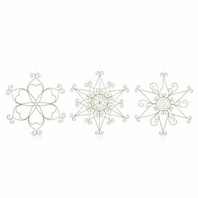 Three ornate metal wire hanging ornaments shaped like snowflakes, shown on a plain white background.
