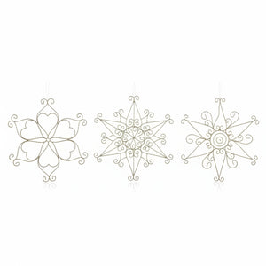Three ornate metal wire hanging ornaments shaped like snowflakes, shown on a plain white background.