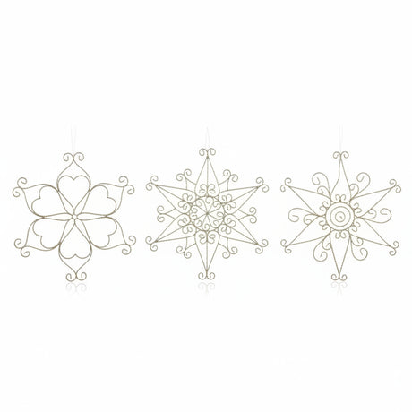 Three ornate metal wire hanging ornaments shaped like snowflakes, shown on a plain white background.
