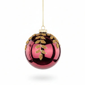 5"D Burgundy Bead and Glitter Leaf Glass Ball Ornament
