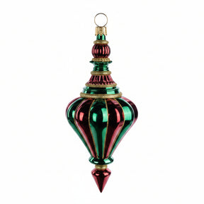 A Christmas ornament shaped like a hot air balloon, featuring alternating green and deep red ribbed panels with gold metallic trim and a gold hanging loop at the top, shown against a plain white background.
