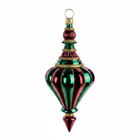 A Christmas ornament shaped like a hot air balloon, featuring alternating green and deep red ribbed panels with gold metallic trim and a gold hanging loop at the top, shown against a plain white background.