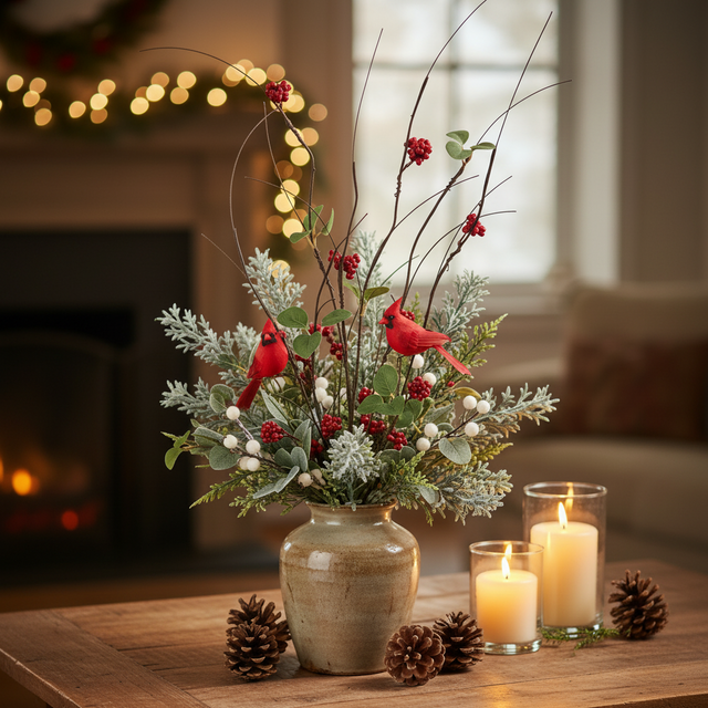 A festive holiday floral arrangement in a rustic beige ceramic vase, featuring two red cardinals, red berries, white berries, and frosted green foliage, displayed on a wooden table with lit candles and pinecones in a cozy indoor setting.