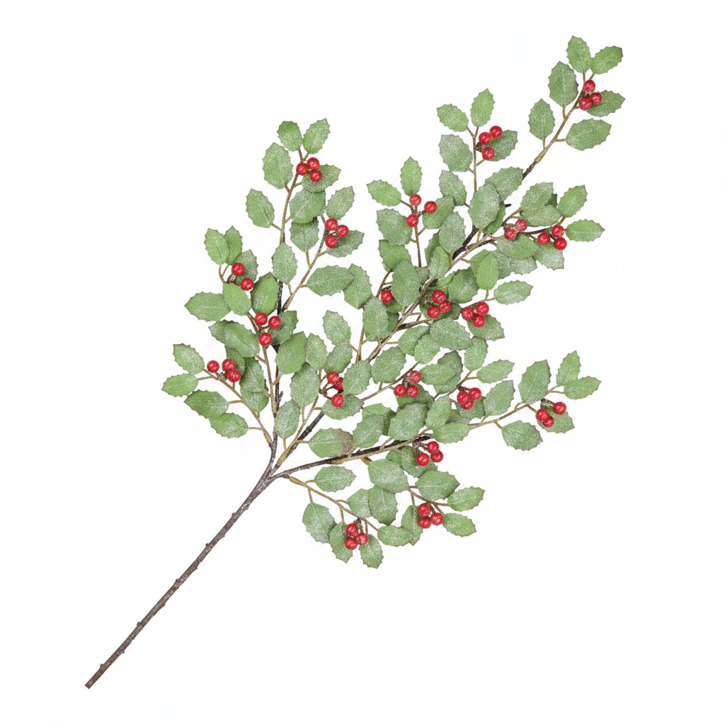 An artificial holly branch with green leaves and small red berries on a white background.