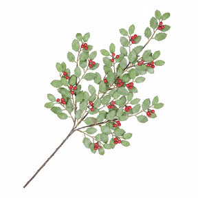 An artificial holly branch with green leaves and small red berries on a white background.