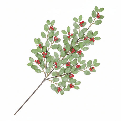 An artificial holly branch with green leaves and small red berries on a white background.
