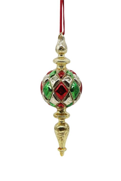 A Christmas ornament shaped like a hanging finial with a red ribbon loop at the top, featuring a gold-tone metal body with red and green enamel details on a white background.