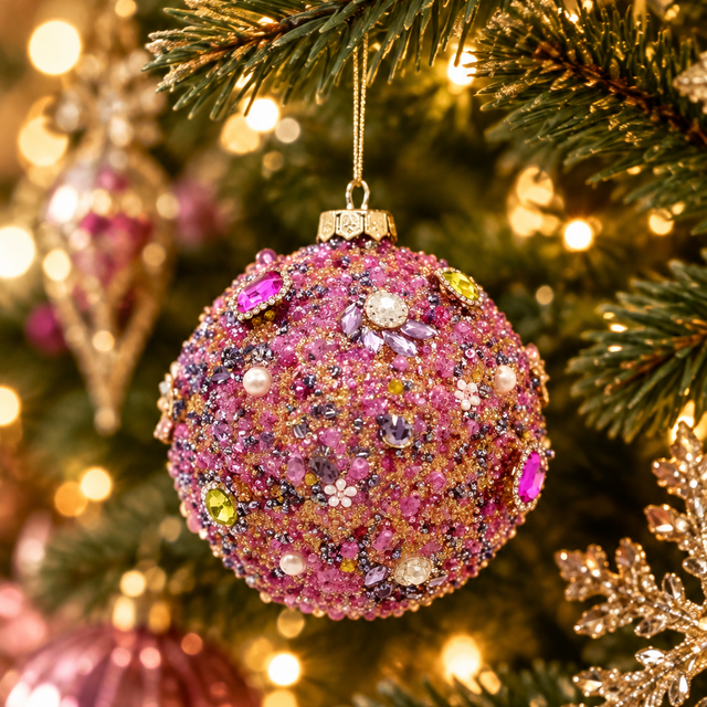 100mm/120mm Pink Beaded & Pearl Glass Ball Ornament | Two Sizes Available