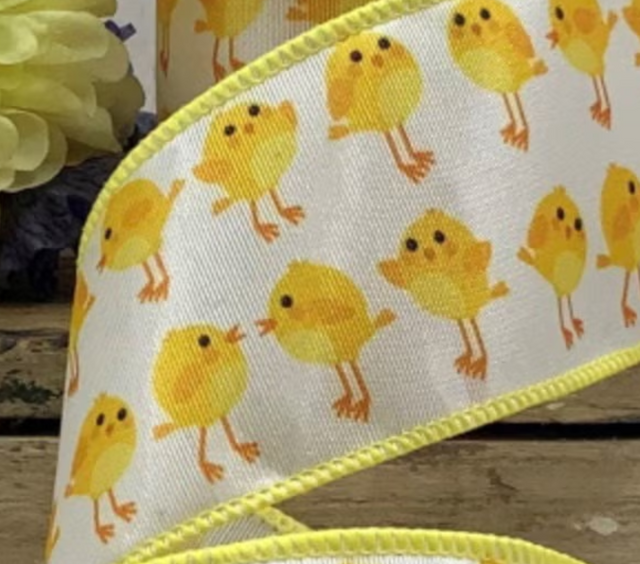 2.5" X 10YDS Grosgrain White Ribbon w/ Yellow Easter Chicks