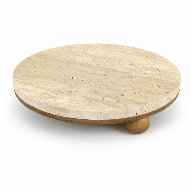 13.75" Natural Marble Wooden Round Tray