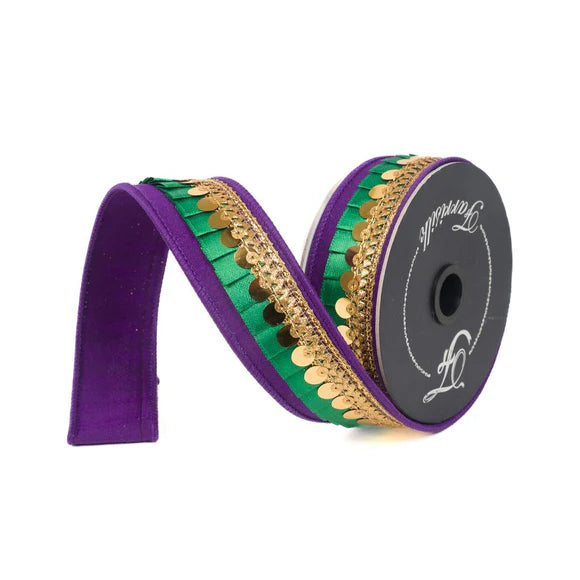 1" x 10YDS Mardi Gras Festive Frills Farrisilk Wired Ribbon | Purple, Green, Gold