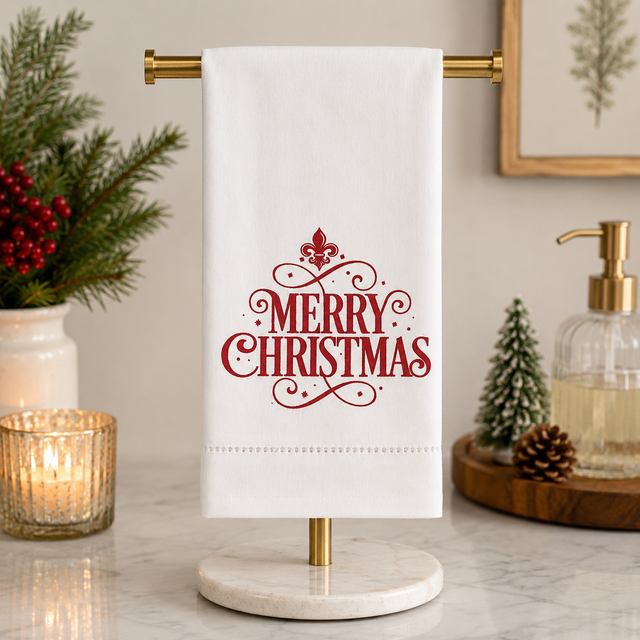 Merry Christmas Fleur Hemstitch Hand Towel 20"x28"