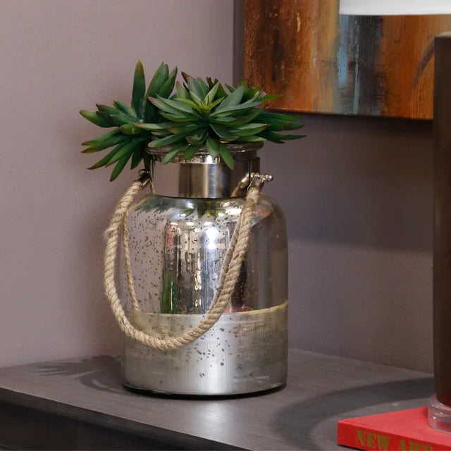 12" Silver Antique | Half Etched Glass Lantern Jar with Chrome Metal Band