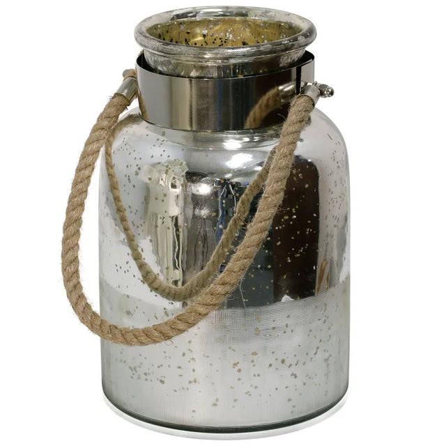 12" Silver Antique | Half Etched Glass Lantern Jar with Chrome Metal Band