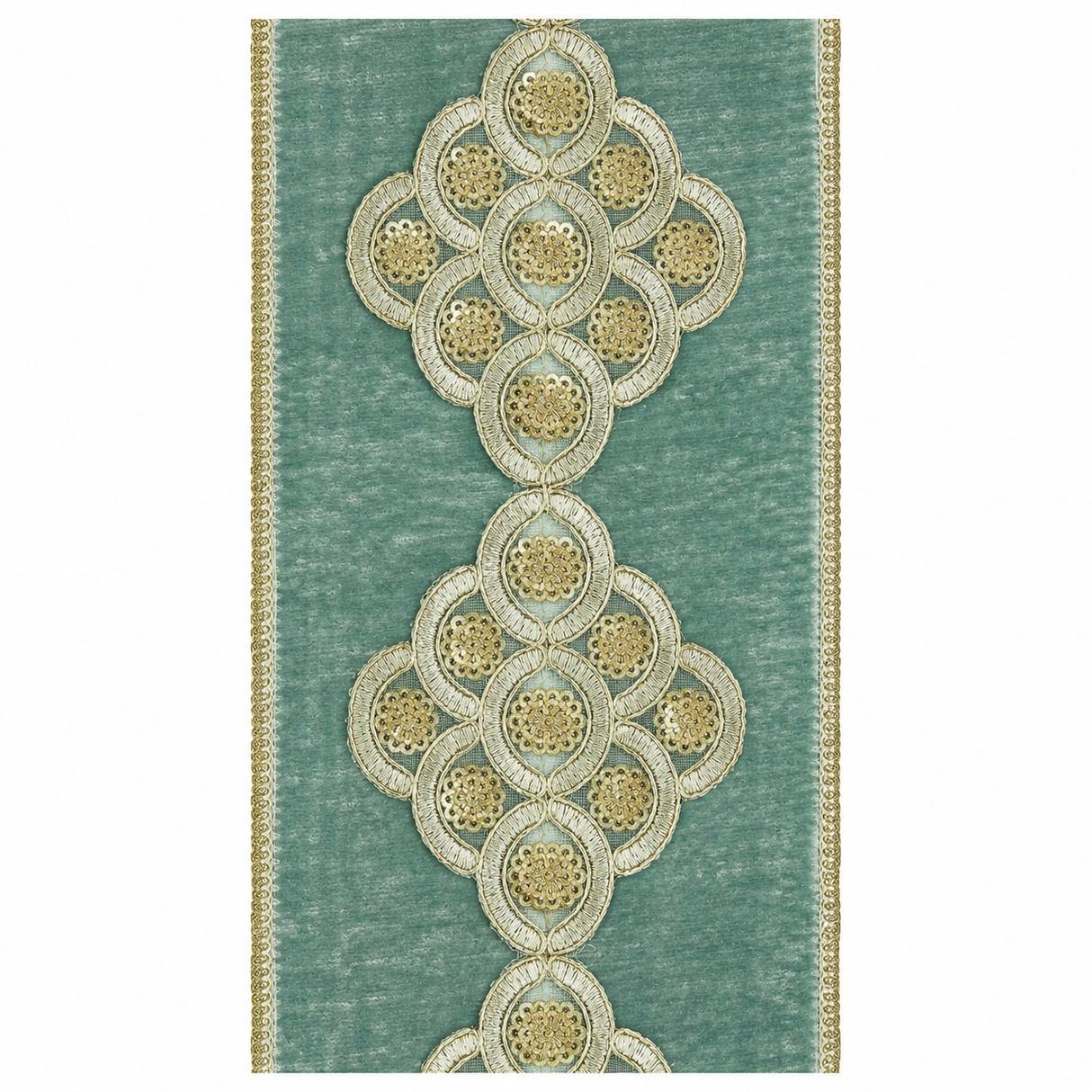 4" x 5 YDS Aqua Sheldon Velvet Trim Metallic Dupioni Ribbon