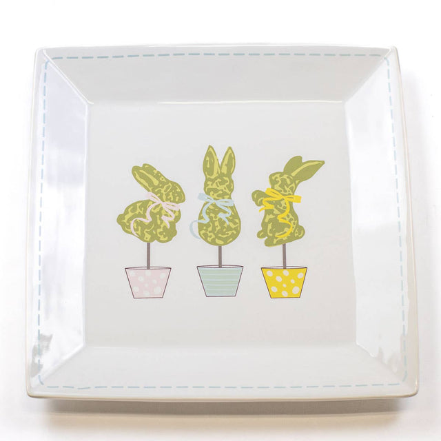 Boxwood Bunny Topiary Square Platter | 11.5x11.5"