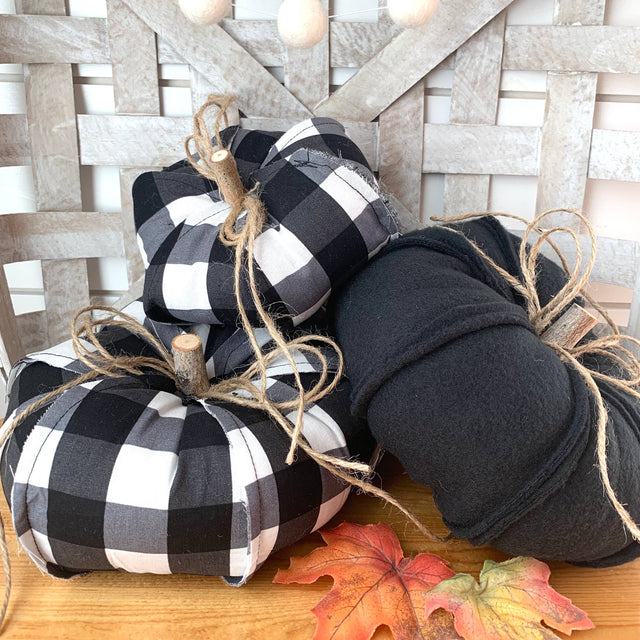 8"/7"/5" Black And White Rustic Check Fabric Pumpkin | Available in 3 sizes