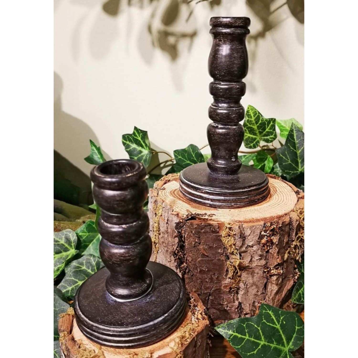 Distressed Brown Turned Wood Candleholders (Set of 2) 4.5" & 6.5"