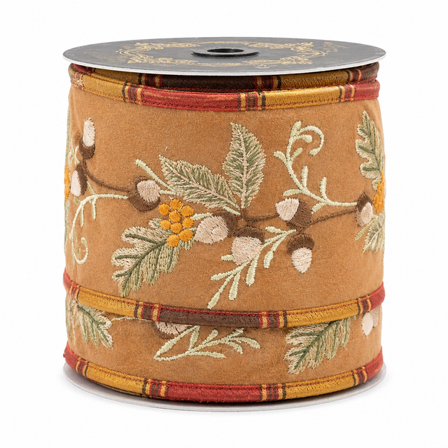 4" x 5yd Embroidered Acorn Oak Suede Dupioni Fused Stripe Piping Ribbon