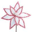 A white frosted velvet poinsettia with candy cane border on a stem.