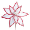 A white frosted velvet poinsettia with candy cane border on a stem.