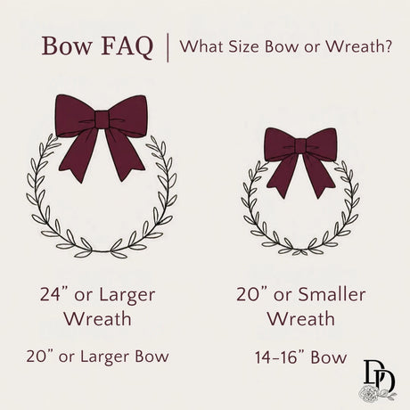 Christmas bow size guide: use a 20" or larger bow on a 24" or larger wreath, and a 14-16" bow on a 20" or smaller wreath