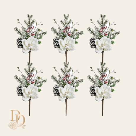 Six 20 inch snowy magnolia and red berry picks with frosted greenery, a Christmas bundle for wreaths and trees